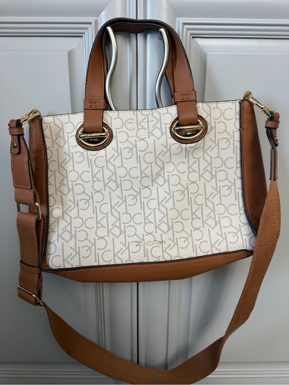 Calvin Klein Cream Signature Canvas Tote with Brown Trim and Strap